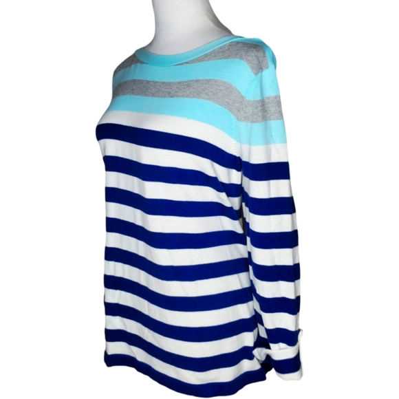 IZOD 100% Cotton Multicolor Boatneck Striped Pullover With Roll Tab Sleeves - Picture 3 of 6